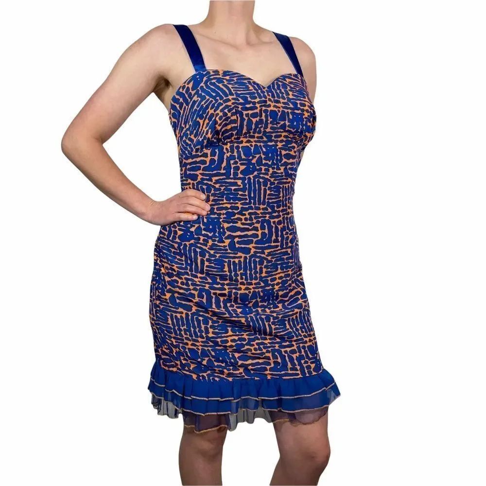Ever-Pretty Blue and Orange Patterned Midi Dress